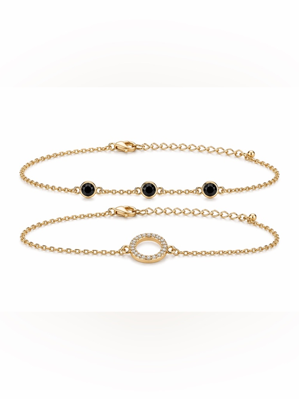 Gold Black Onyx & Crystal Circle Bracelet Set Adjustable 6–9.5” 2pcs